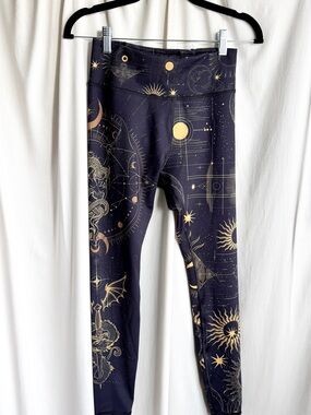 LUNAFIDE Dragon Black Athletic Leggings with Gold Celestial Print
